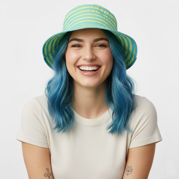 Vintage Two Tone Striped Bucket Hat Y2K Retro Blue Green Summer Retro - Picture 1 of 8